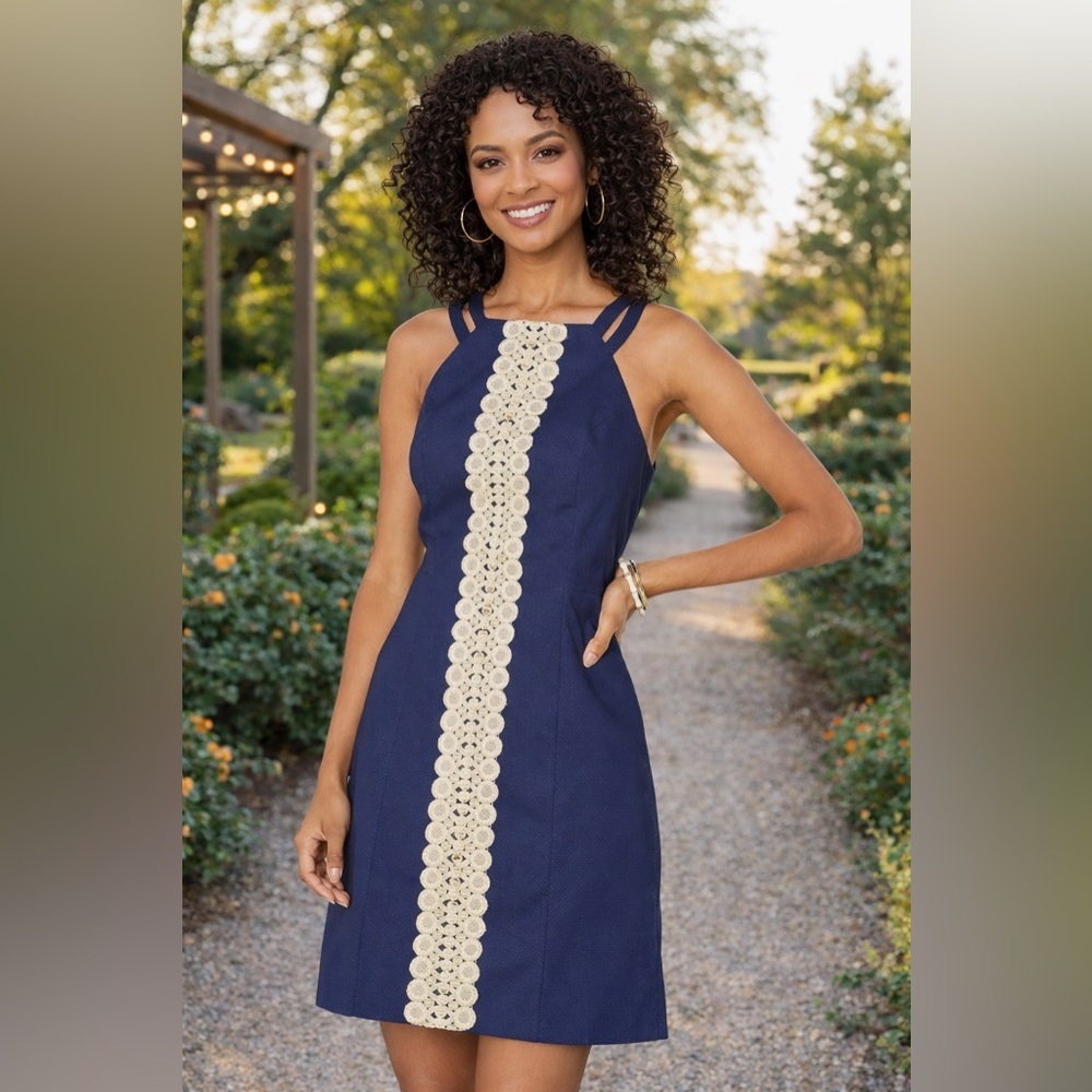 NWT $198 Lilly Pulitzer Pearl Stretch Shift Dress Navy Blue Gold Mini Size 2